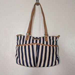 Tyler Rodan Navy White Stripe‎ Tote Bag Canvas Leather Trim Shoulder Purse